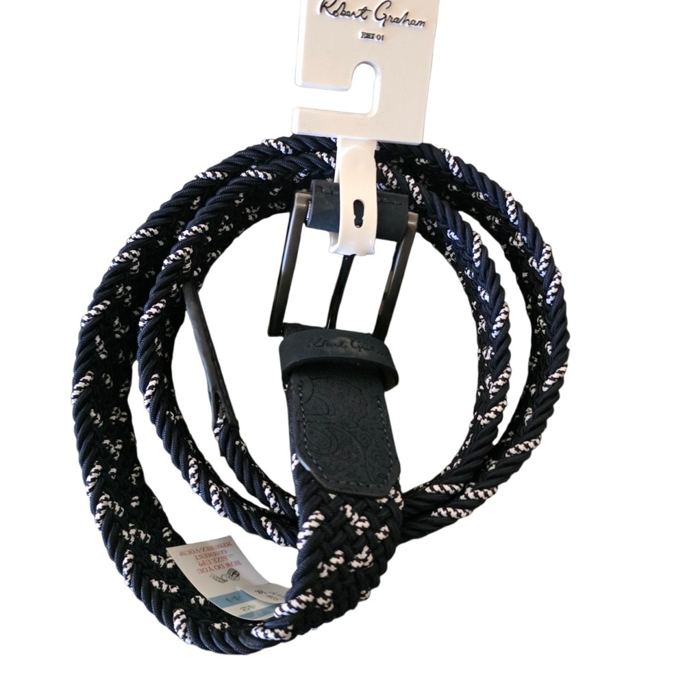 Robert Graham Jacob Belt Men Size 36 Navy White Braided Woven Rope 709390990112